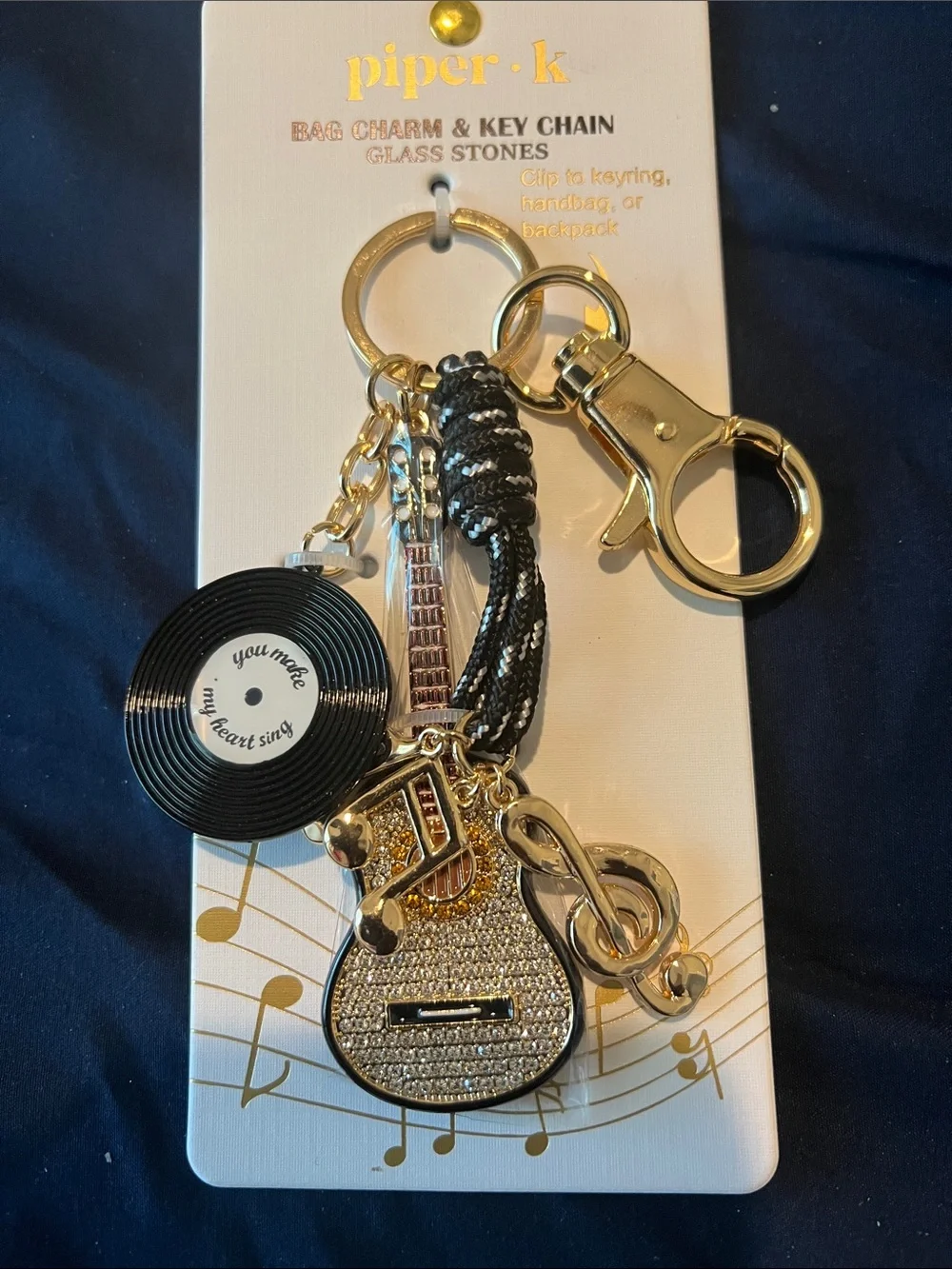 Piper Gold & Black Music Charm Keychain with Guitar and Vinyl